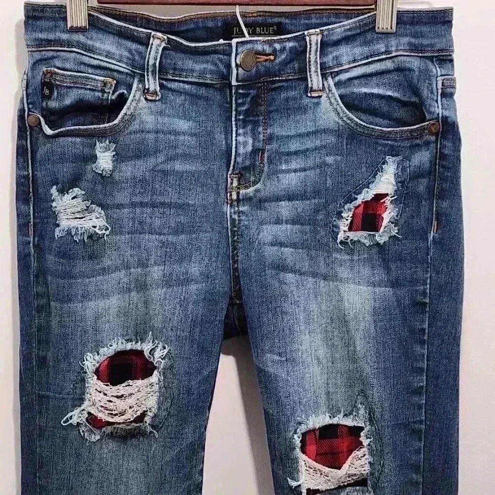 Judy Blue Distressed Buffalo Plaid Skinny Jeans Size 9/29 - Picture 2 of 15
